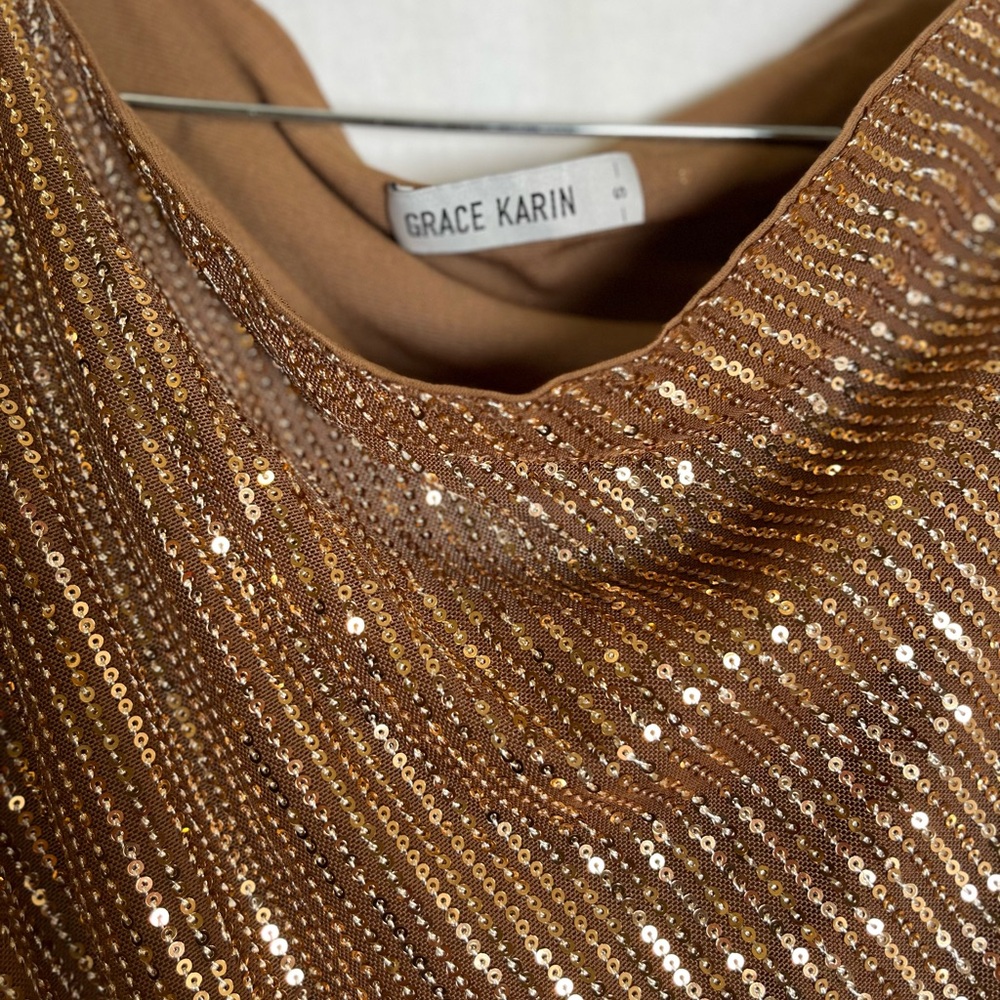 Grace Karin One-Shoulder Metallic Knot-Waist Dress in Gold - Picture 8 of 10
